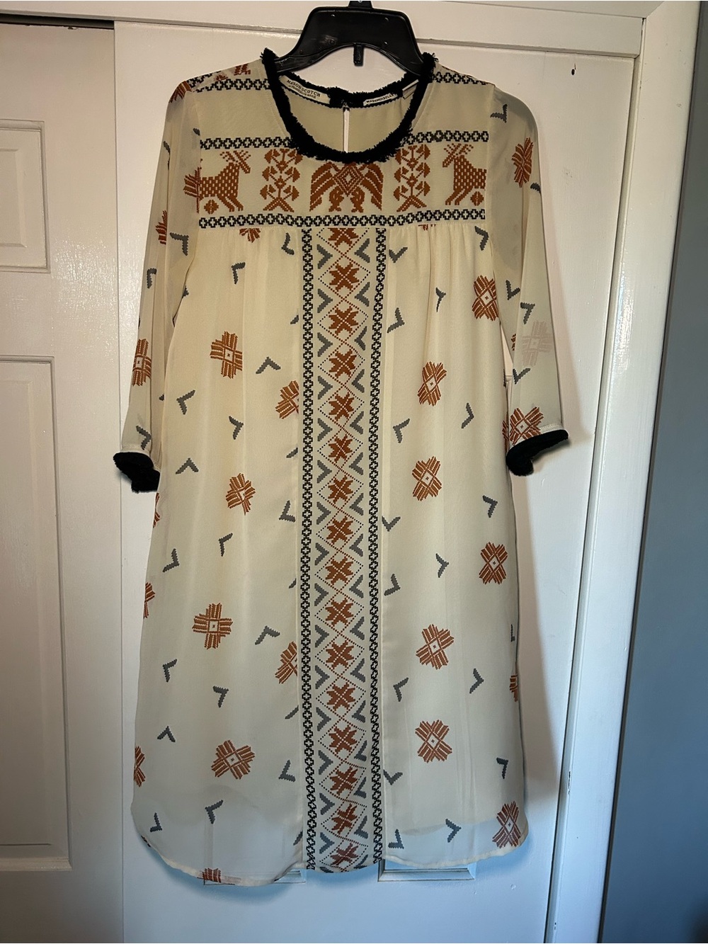 Scotch & Soda Maison Scotch Ivory Midi Dress with Rust & Black Embroidery